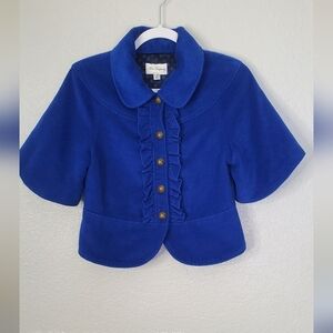 Alice Temperly Royal Blue Wool Blend Cropped Jacket Cape Coat Ruffled Sz Medium